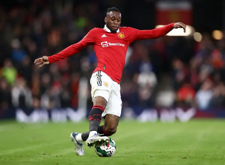 Aaron Wan-Bissaka of Manchester United during the Carabao Cup Quarter Final match between Manchester United and Charlton Athletic at Old Trafford on January 10, 2023 in Manchester, England