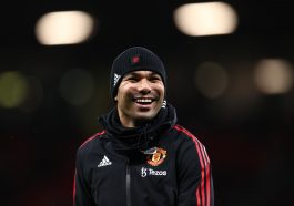 Casemiro of Manchester United reacts during their warm up prior to the Carabao Cup Quarter Final match between Manchester United and Charlton Athletic at Old Trafford on January 10, 2023 in Manchester, England
