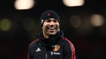 Casemiro of Manchester United reacts during their warm up prior to the Carabao Cup Quarter Final match between Manchester United and Charlton Athletic at Old Trafford on January 10, 2023 in Manchester, England