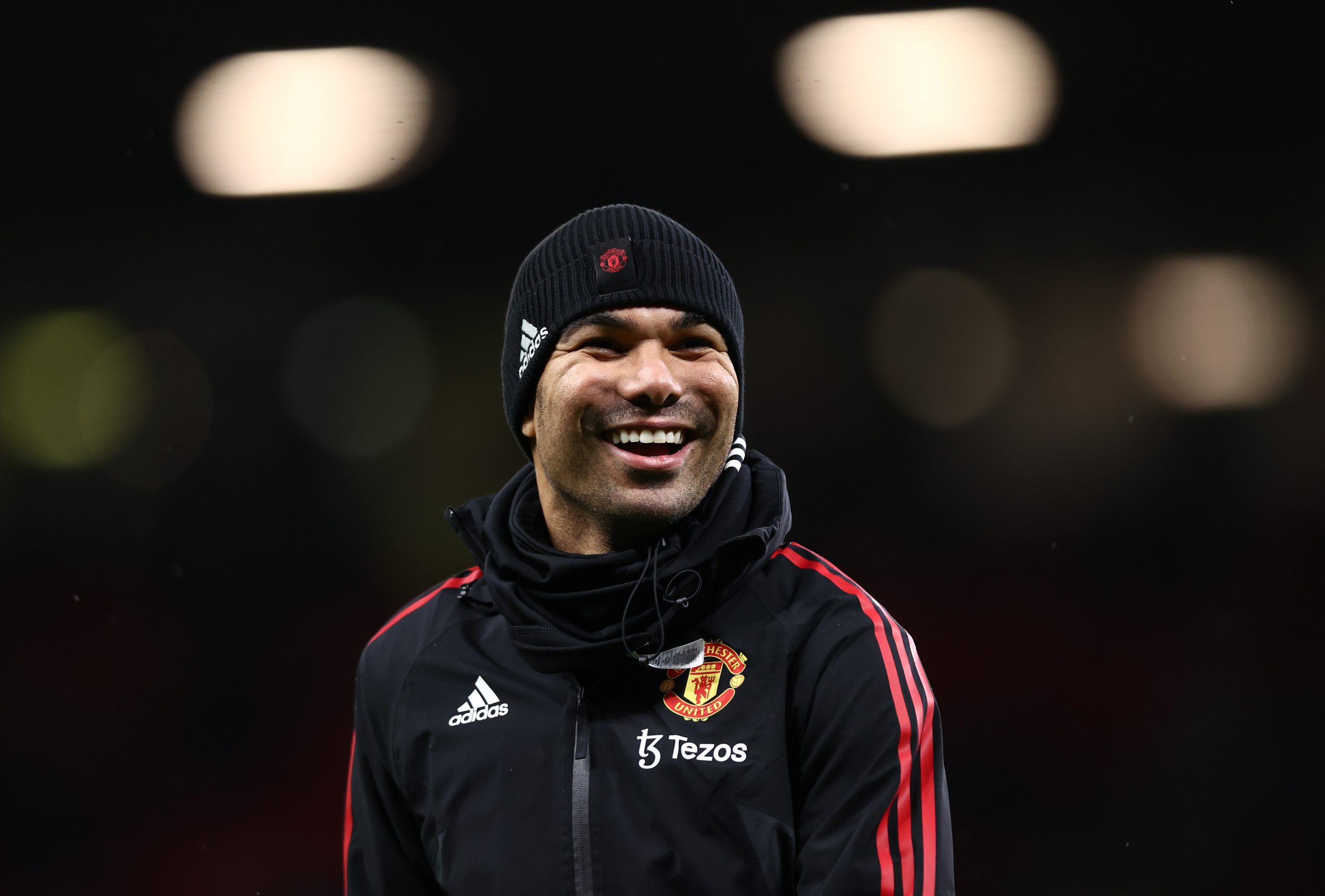 Casemiro of Manchester United reacts during their warm up prior to the Carabao Cup Quarter Final match between Manchester United and Charlton Athletic at Old Trafford on January 10, 2023 in Manchester, England