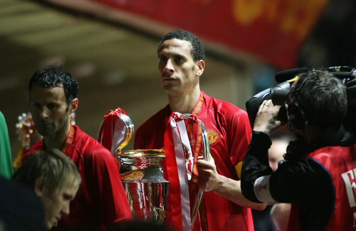 Rio Ferdinand of Manchester United holds the trophy after the UEFA Champions League Final match between Manchester United and Chelsea at the Luzhniki Stadium on May 21, 2008 in Moscow, Russia.  