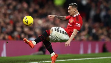 Antony of Manchester United stretches for the ball during the Emirates FA Cup Third Round match between Manchester United and Everton at Old Trafford on January 06, 2023 in Manchester, England.