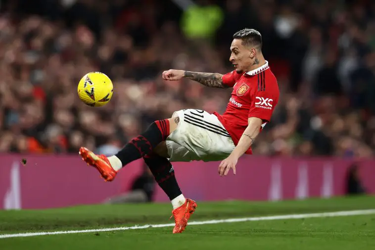 Antony of Manchester United stretches for the ball during the Emirates FA Cup Third Round match between Manchester United and Everton at Old Trafford on January 06, 2023 in Manchester, England.