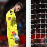 David De Gea of Manchester United reacts following Everton's first goal, scored by Conor Coady of Everton (not pictured) during the Emirates FA Cup Third Round match between Manchester United and Everton at Old Trafford on January 06, 2023 in Manchester, England