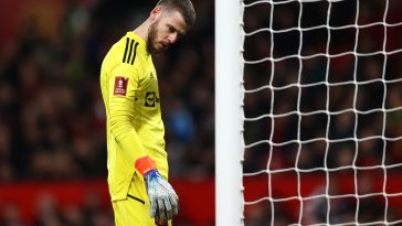 David De Gea of Manchester United reacts following Everton's first goal, scored by Conor Coady of Everton (not pictured) during the Emirates FA Cup Third Round match between Manchester United and Everton at Old Trafford on January 06, 2023 in Manchester, England