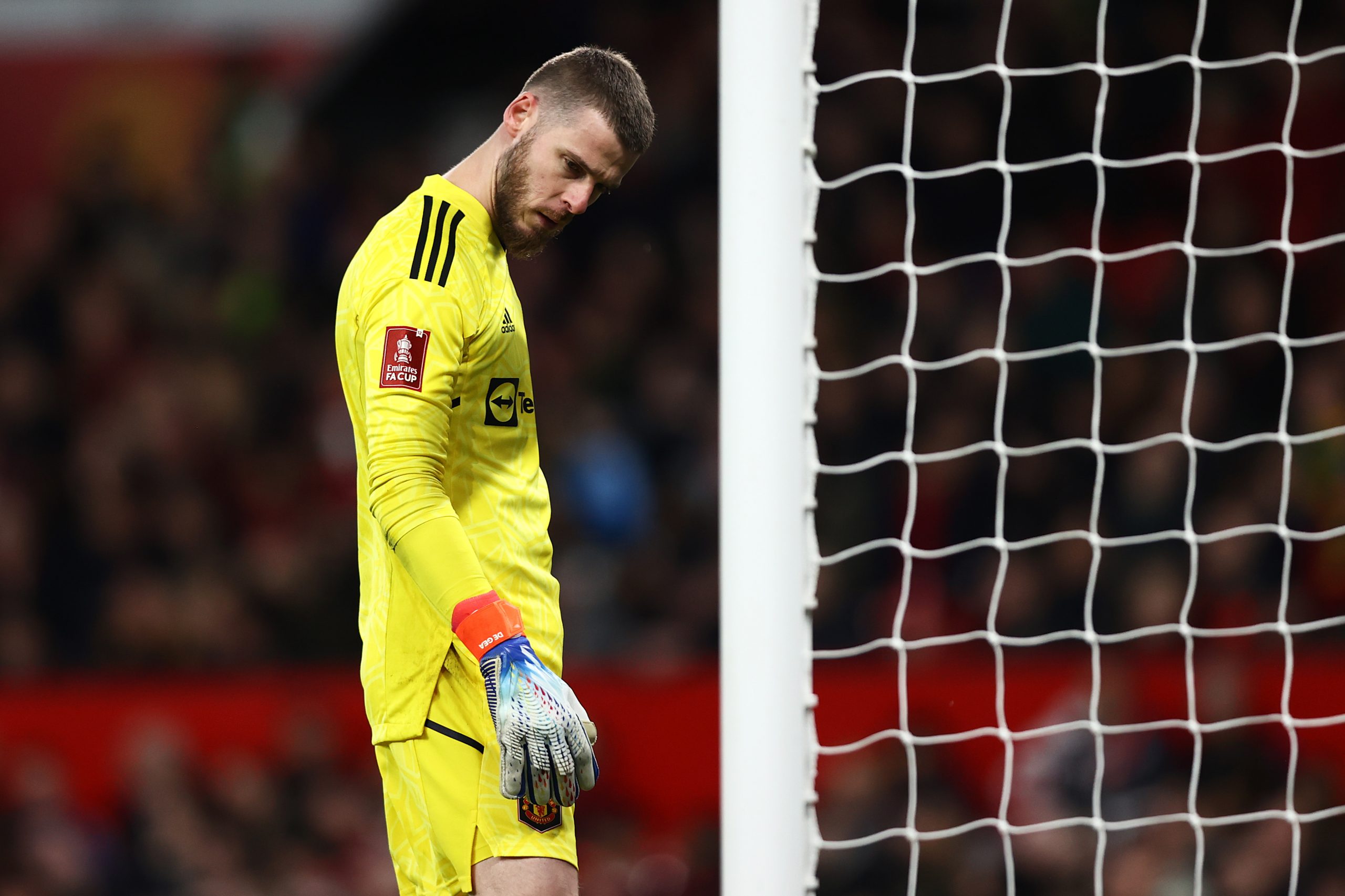 David De Gea of Manchester United reacts following Everton's first goal, scored by Conor Coady of Everton (not pictured) during the Emirates FA Cup Third Round match between Manchester United and Everton at Old Trafford on January 06, 2023 in Manchester, England