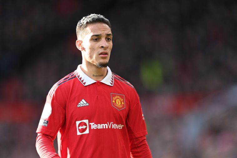 Antony of Manchester United in action during the Premier League match between Manchester United and Manchester City at Old Trafford on January 14, 2023 in Manchester, England.