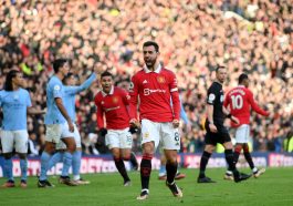 Bruno Fernandes of Manchester United celebrates after scoring the team's first goal during the Premier League match between Manchester United and Manchester City at Old Trafford on January 14, 2023 in Manchester, England.