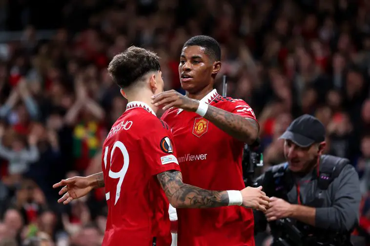 Marcus Rashford celebrates with Alejandro Garnacho Ferreyra of Manchester United after scoring their team's second goal during the UEFA Europa League group E match between Manchester United and Sheriff Tiraspol at Old Trafford on October 27, 2022 in Manchester, England