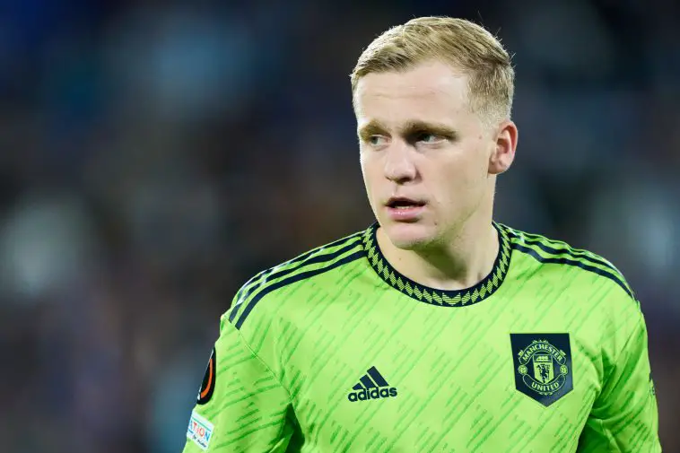 Donny Van De Beek of Manchester United looks on during the UEFA Europa League group E match between Real Sociedad and Manchester United at Reale Arena on November 03, 2022 in San Sebastian, Spain
