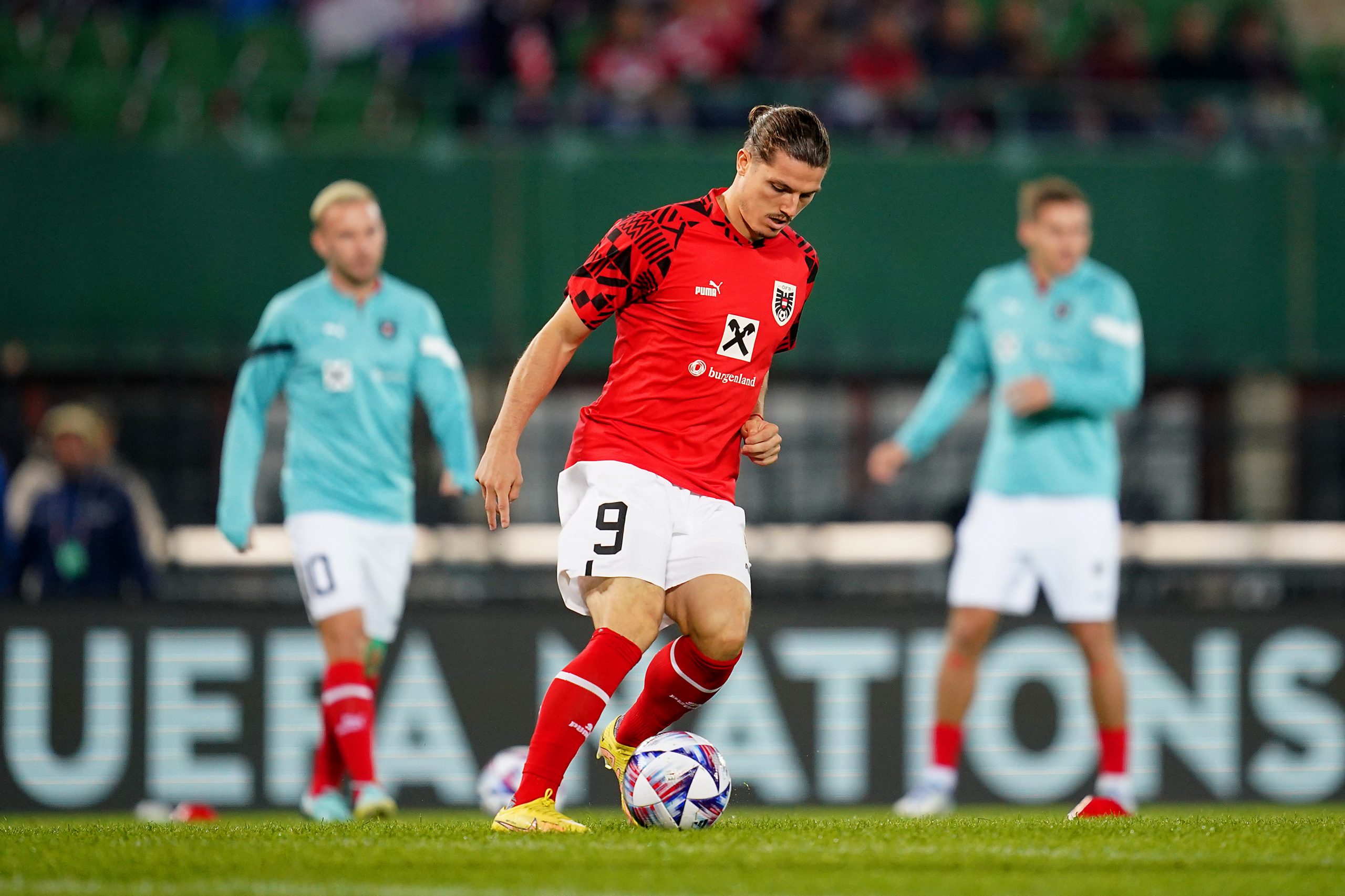 Marcel Sabitzer of Austria warms up prior to the UEFA Nations League League A Group 1 match between Austria and Croatia at Ernst Happel Stadion on September 25, 2022 in Vienna, Austria.