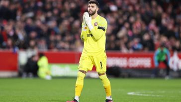 David Raya of Brentford reacts during the Premier League match between Brentford FC and Crystal Palace at Gtech Community Stadium on February 18, 2023 in Brentford, England