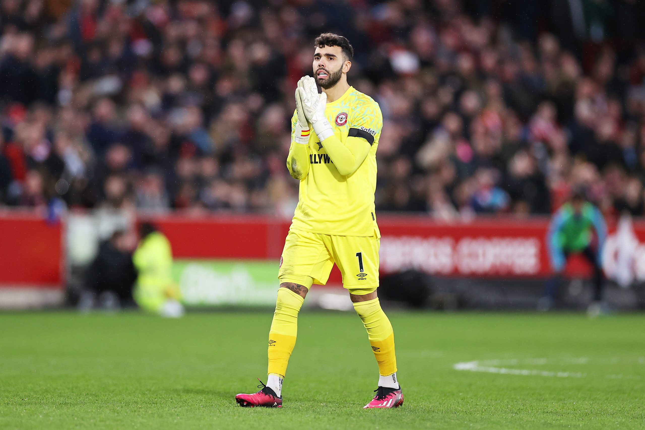 David Raya of Brentford reacts during the Premier League match between Brentford FC and Crystal Palace at Gtech Community Stadium on February 18, 2023 in Brentford, England