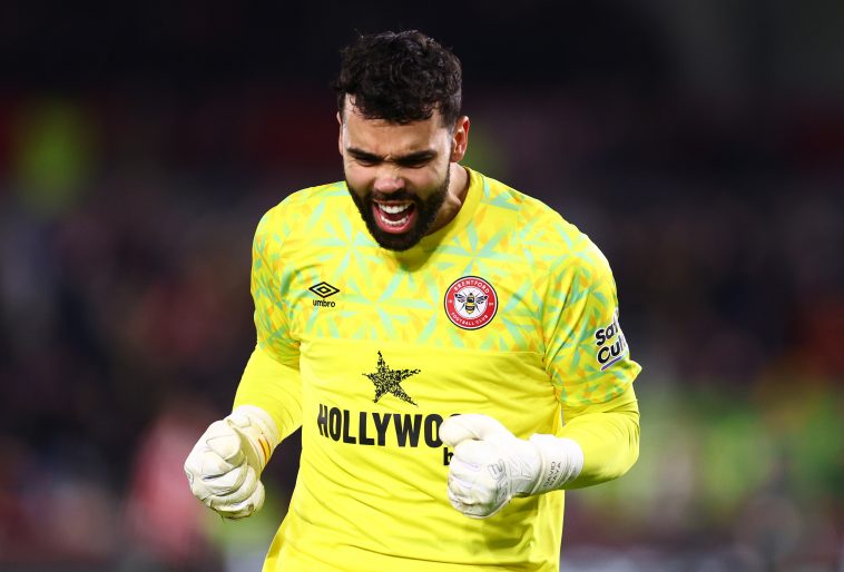 David Raya of Brentford celebrates after Yoane Wissa (not pictured) of Brentford scores the team's second goal during the Premier League match between Brentford FC and Liverpool FC at Brentford Community Stadium on January 02, 2023 in Brentford, England.