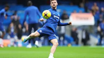 Mason Mount of Chelsea warms up prior to the Premier League match between Chelsea FC and Southampton FC at Stamford Bridge on February 18, 2023 in London, England