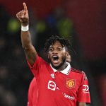 Manchester United's Brazilian midfielder Fred celebrates scoring the team's second goal during the English League Cup semi-final second-leg football match between Manchester United and Nottingham Forest at Old Trafford in Manchester, north west England, on February 1, 2023