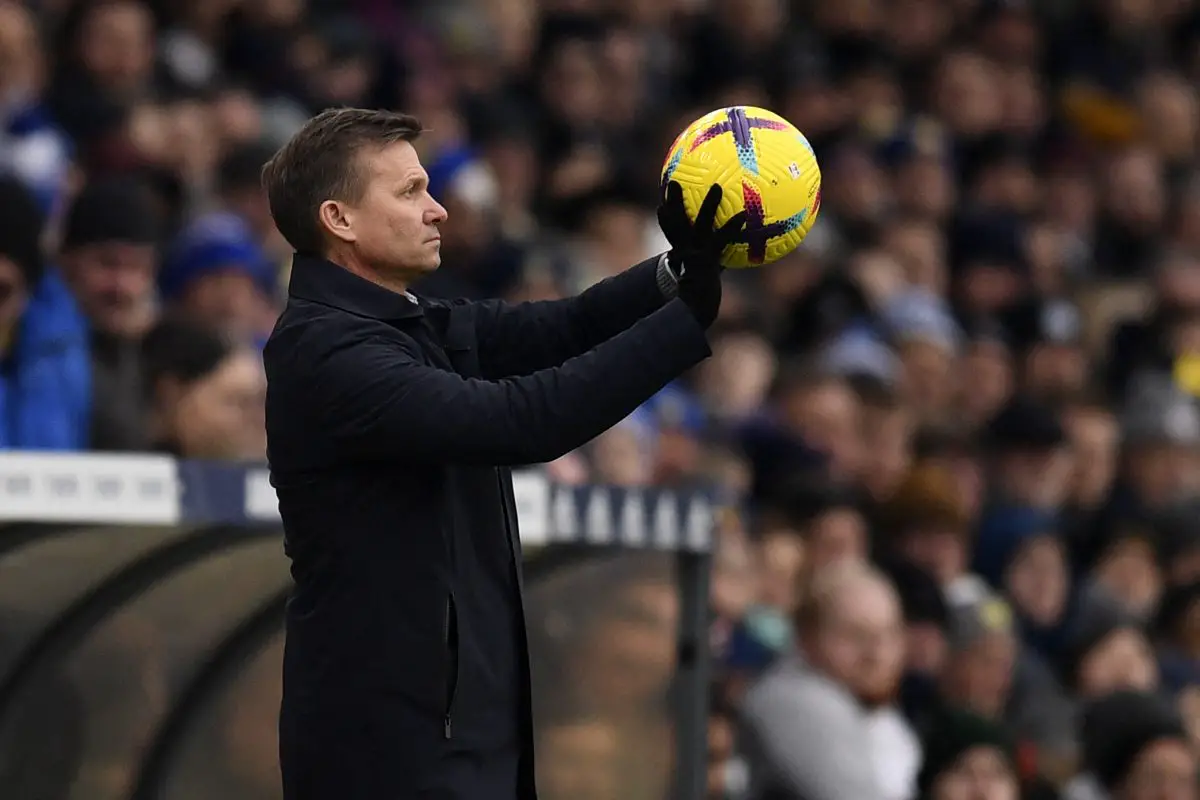 Leeds United's US head coach Jesse Marsch returns the ball during the English Premier League football match between Leeds United and Brentford at Elland Road in Leeds, northern England on January 22, 2023. 