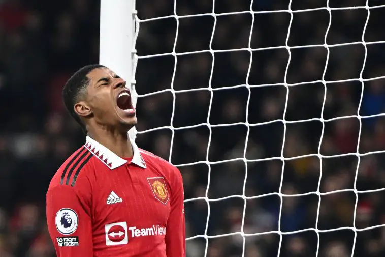 Manchester United's English striker Marcus Rashford reacts after a missed chance during the English Premier League football match between Manchester United and Leeds United at Old Trafford in Manchester, north west England, on February 8, 2023.
