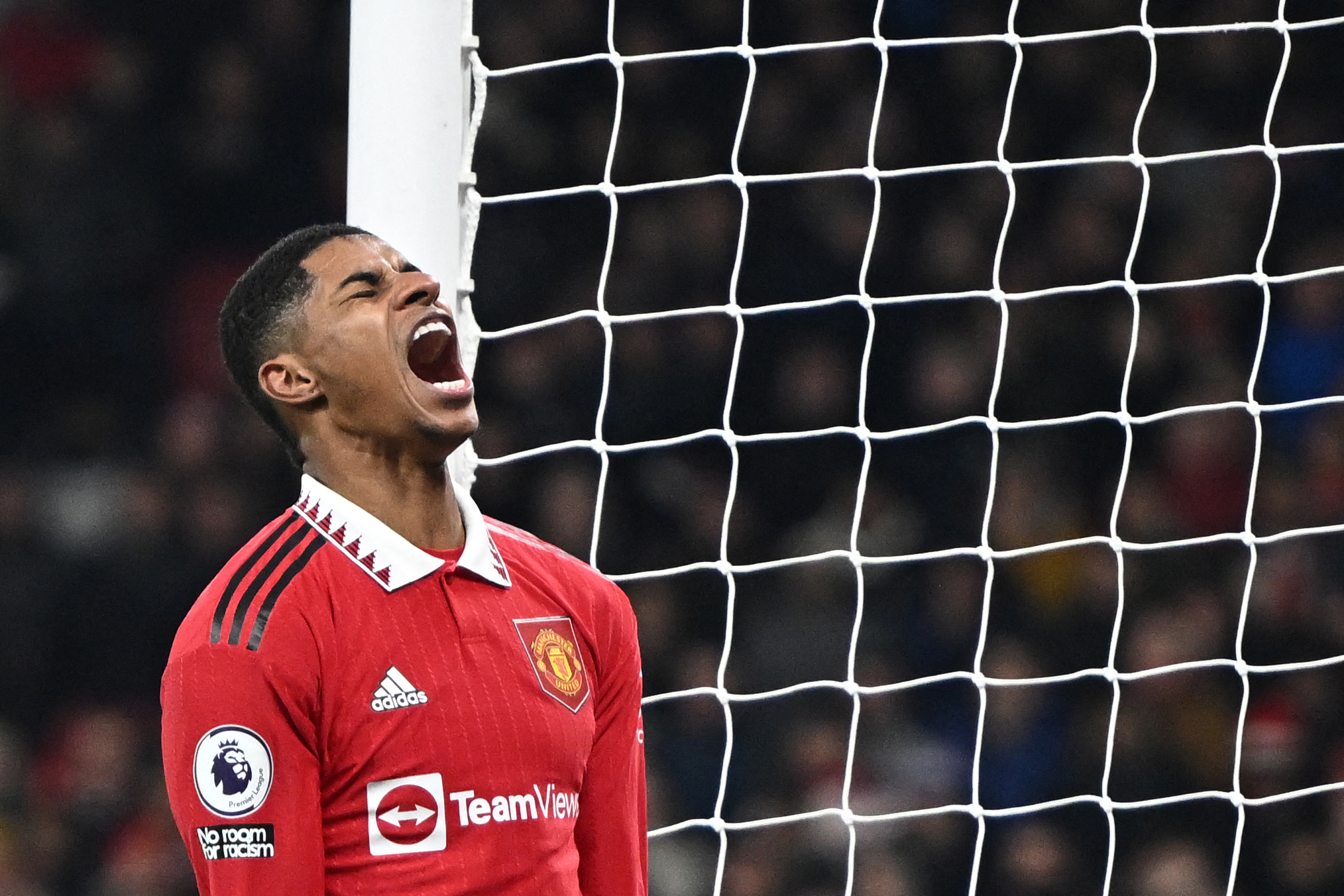 Manchester United's English striker Marcus Rashford reacts after a missed chance during the English Premier League football match between Manchester United and Leeds United at Old Trafford in Manchester, north west England, on February 8, 2023.