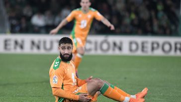 Real Betis' French midfielder Nabil Fekir reacts after a fall during the Spanish League football match between Elche CF and Real Betis at the Martinez Valero stadium in Elche, on February 24, 2023.