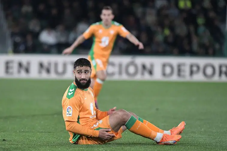 Real Betis' French midfielder Nabil Fekir reacts after a fall during the Spanish League football match between Elche CF and Real Betis at the Martinez Valero stadium in Elche, on February 24, 2023.