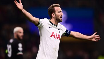 Tottenham Hotspur's English striker Harry Kane reacts during the UEFA Champions League round of 16, first leg football match between AC Milan and Tottenham Hotspur on February 14, 2023 at the San Siro stadium in Milan.