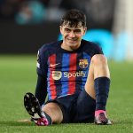 Barcelona's Spanish midfielder Pedri reacts after a fall during the UEFA Europa League round of 32 first-leg football match between FC Barcelona and Manchester United at the Camp Nou stadium in Barcelona, on February 16, 2023