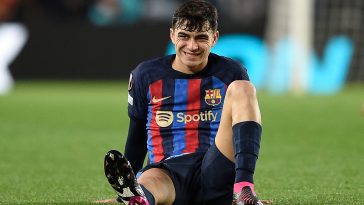Barcelona's Spanish midfielder Pedri reacts after a fall during the UEFA Europa League round of 32 first-leg football match between FC Barcelona and Manchester United at the Camp Nou stadium in Barcelona, on February 16, 2023