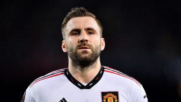 Manchester United's English defender Luke Shaw reacts during the UEFA Europa League round of 32 first-leg football match between FC Barcelona and Manchester United at the Camp Nou stadium in Barcelona, on February 16, 2023.