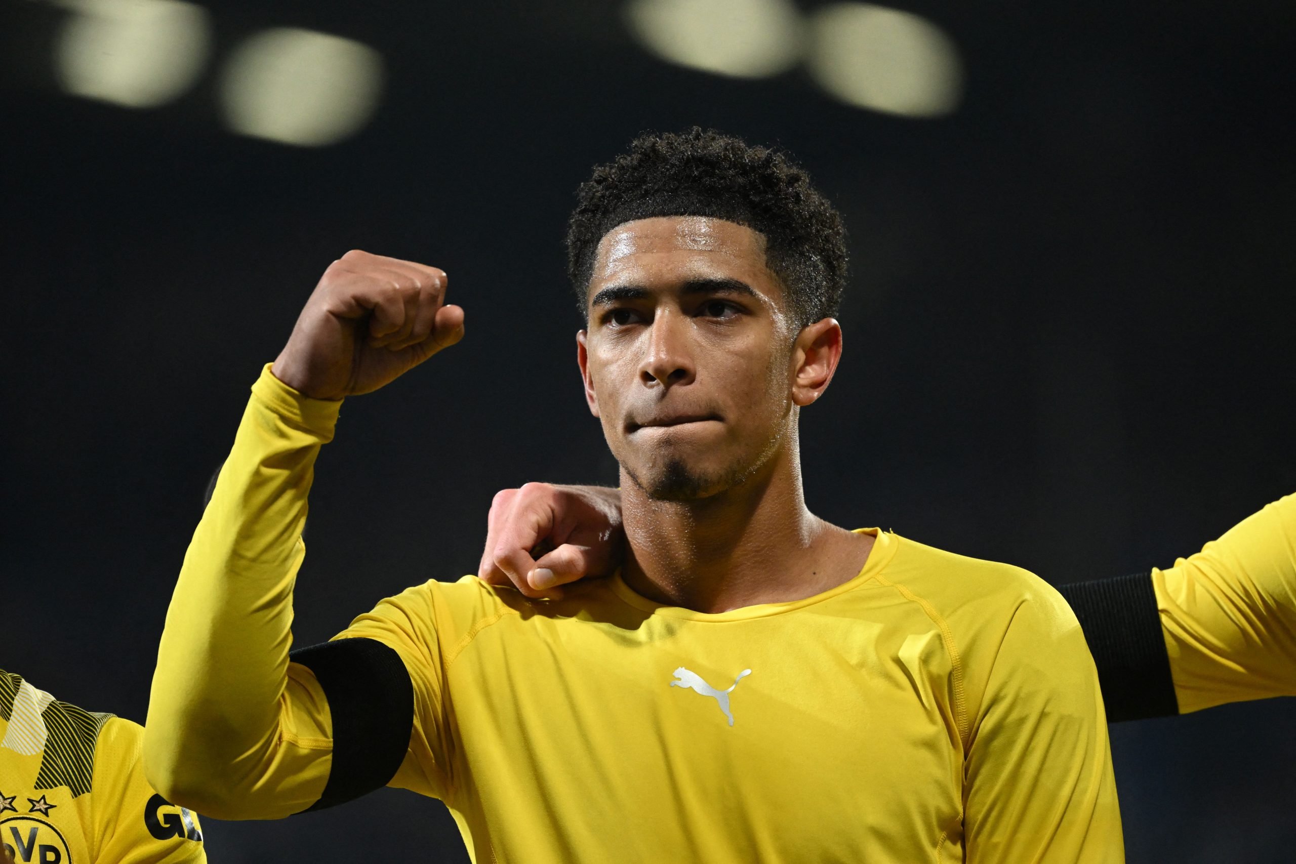 Dortmund's English midfielder Jude Bellingham celebrates after the end of the German Cup (DFB Pokal) football match VfL Bochum v BVB Borussia Dortmund in Bochum, western Germany on February 8, 2023.