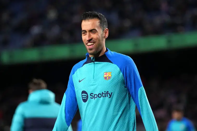 Sergio Busquets of FC Barcelona warms up prior to the LaLiga Santander match between FC Barcelona and Getafe CF at Spotify Camp Nou on January 22, 2023 in Barcelona, Spain.