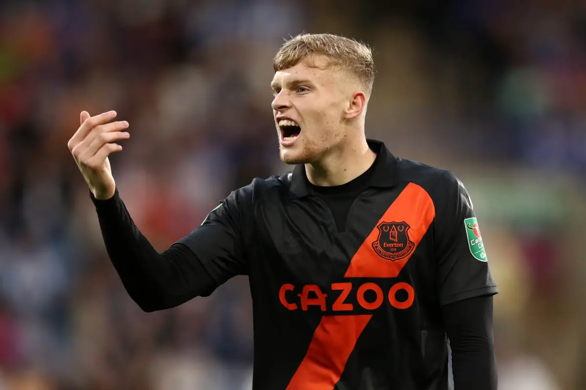 Jarrad Branthwaite of Everton shouts instructions during the Carabao Cup Second Round match between Huddersfield Town and Everton at The John Smith's Stadium on August 24, 2021 in Huddersfield, England.