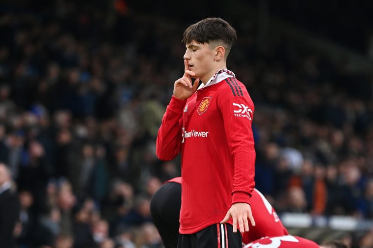 Alejandro Garnacho of Manchester United celebrates after scoring the team's second goal during the Premier League match between Leeds United and Manchester United at Elland Road on February 12, 2023 in Leeds, England