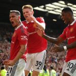 Antony of Manchester United celebrates with team mates Scott McTominay and Marcus Rashford after scoring during the Premier League match between Manchester United and Arsenal FC at Old Trafford on September 04, 2022 in Manchester, England