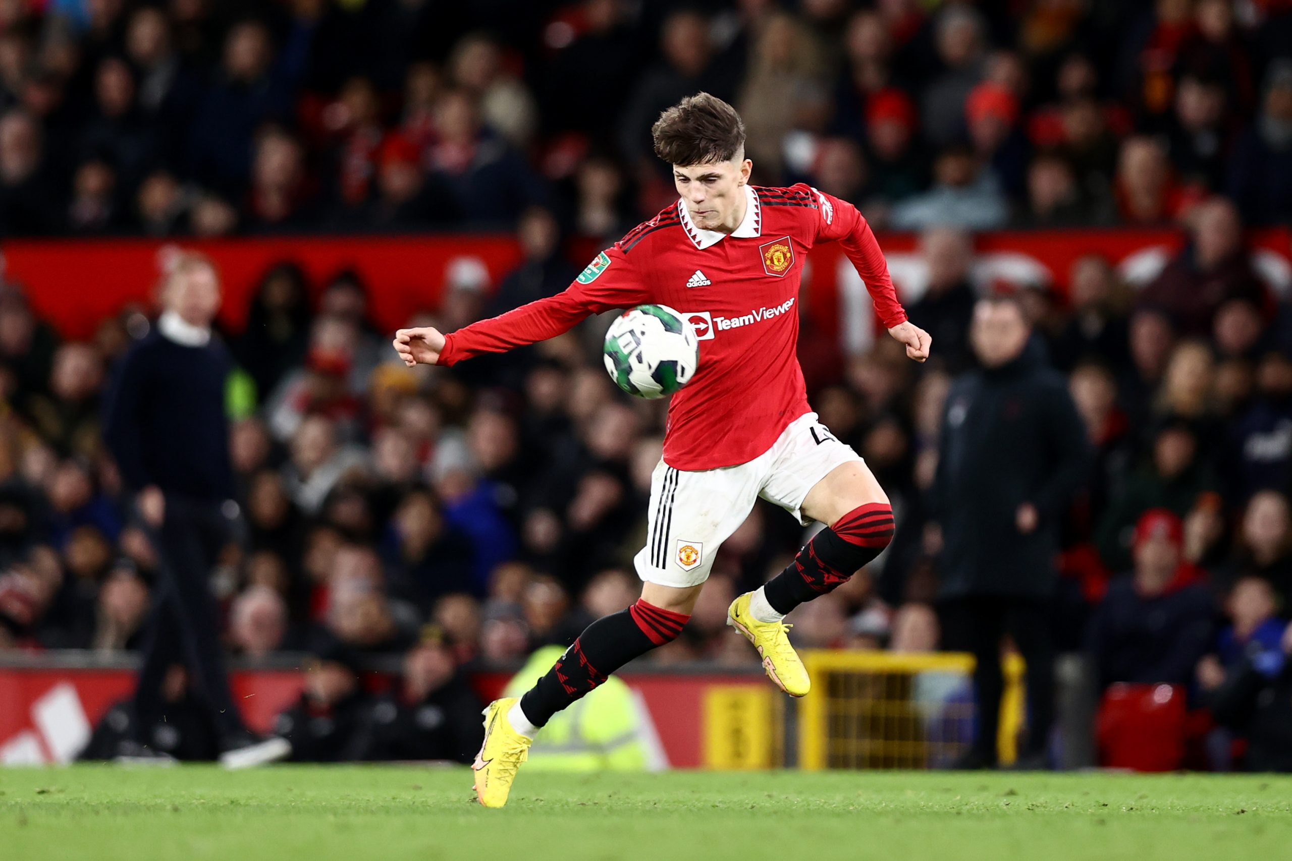 Alejandro Garnacho of Manchester United during the Carabao Cup Quarter Final match between Manchester United and Charlton Athletic at Old Trafford on January 10, 2023 in Manchester, England