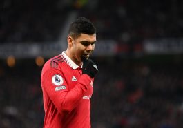 Casemiro of Manchester United reacts after being shown a red card during the Premier League match between Manchester United and Crystal Palace at Old Trafford on February 04, 2023 in Manchester, England.