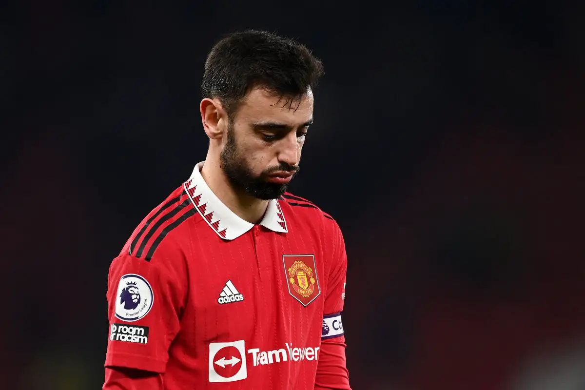 Bruno Fernandes of Manchester United looks dejected after the Premier League match between Manchester United and Leeds United at Old Trafford on February 08, 2023 in Manchester, England.