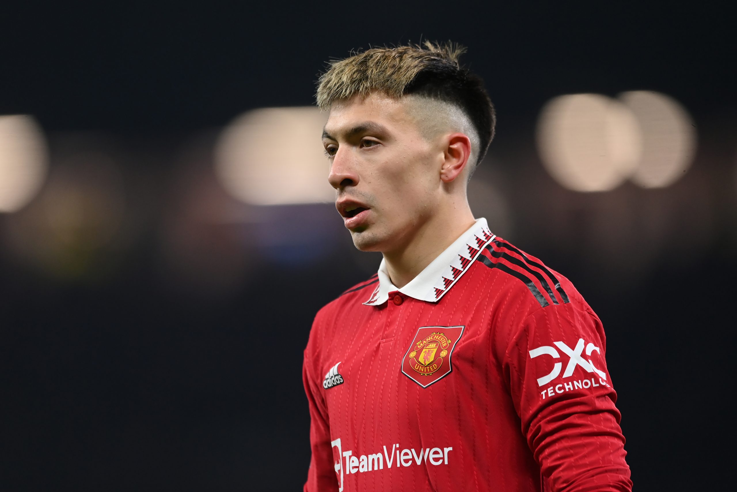 Lisandro Martinez of Manchester United looks on during the Premier League match between Manchester United and Leeds United at Old Trafford on February 08, 2023 in Manchester, England.