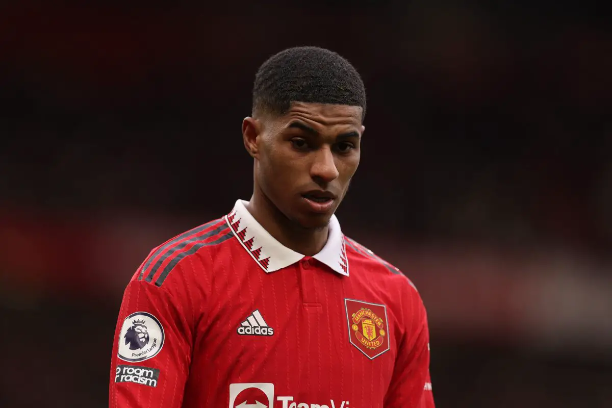 Marcus Rashford of Manchester United during the Premier League match between Manchester United and Leicester City at Old Trafford on February 19, 2023 in Manchester, England