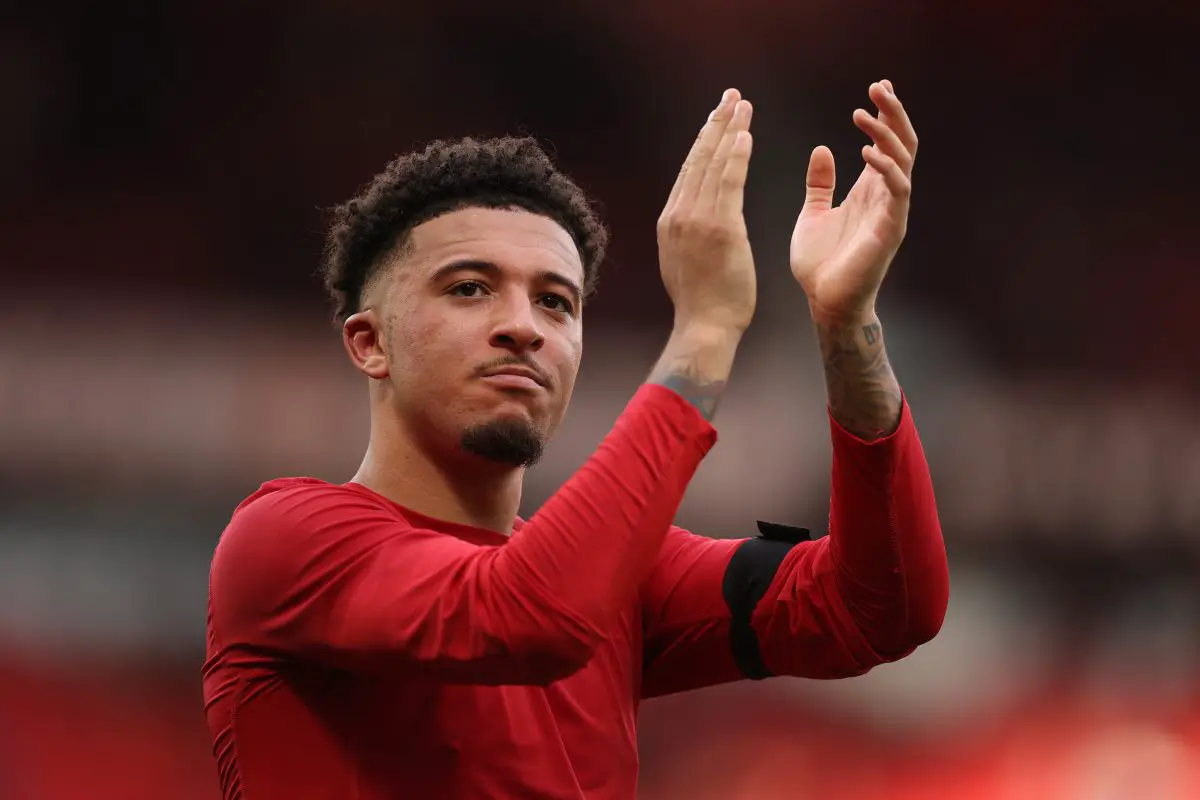 Jadon Sancho of Manchester United during the Premier League match between Manchester United and Leicester City at Old Trafford on February 19, 2023 in Manchester, England