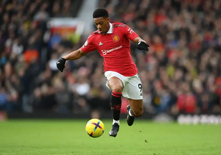 Anthony Martial of Manchester United controls the ball during the Premier League match between Manchester United and Manchester City at Old Trafford on January 14, 2023 in Manchester, England