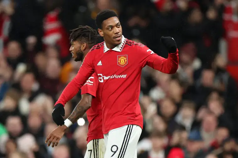 Anthony Martial of Manchester United celebrates after scoring the team's first goal during the Carabao Cup Semi Final 2nd Leg match between Manchester United and Nottingham Forest at Old Trafford on February 01, 2023 in Manchester, England.
