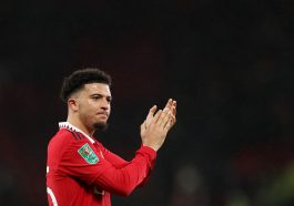 Jadon Sancho of Manchester United acknowledges the fans after the Carabao Cup Semi Final 2nd Leg match between Manchester United and Nottingham Forest at Old Trafford on February 01, 2023 in Manchester, England.