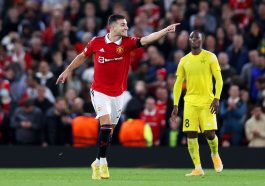 Diogo Dalot of Manchester United celebrates after scoring their team's first goal during the UEFA Europa League group E match between Manchester United and Sheriff Tiraspol at Old Trafford on October 27, 2022 in Manchester, England.