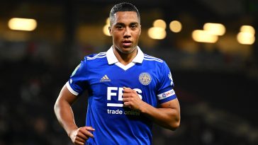 Youri Tielemans of Leicester looks on during the Carabao Cup Fourth Round match between Milton Keynes Dons and Leicester City at Stadium mk on December 20, 2022 in Milton Keynes, England.