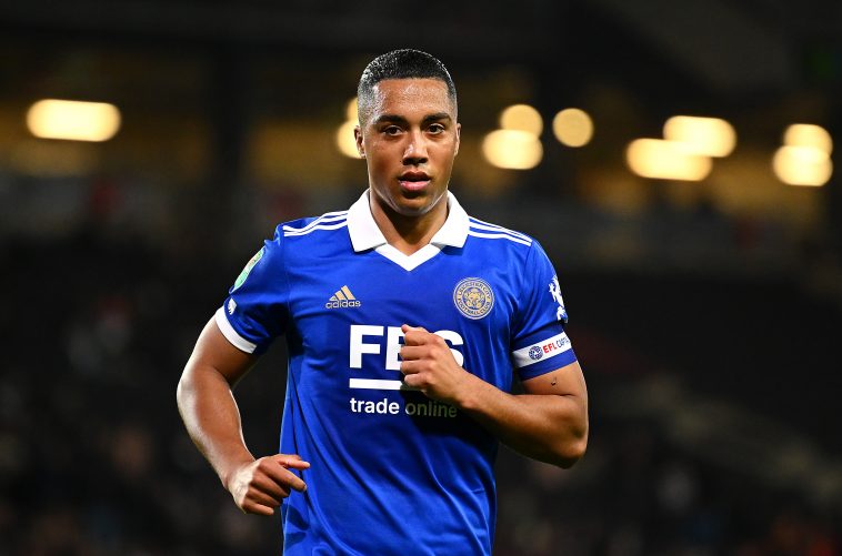 Youri Tielemans of Leicester looks on during the Carabao Cup Fourth Round match between Milton Keynes Dons and Leicester City at Stadium mk on December 20, 2022 in Milton Keynes, England.
