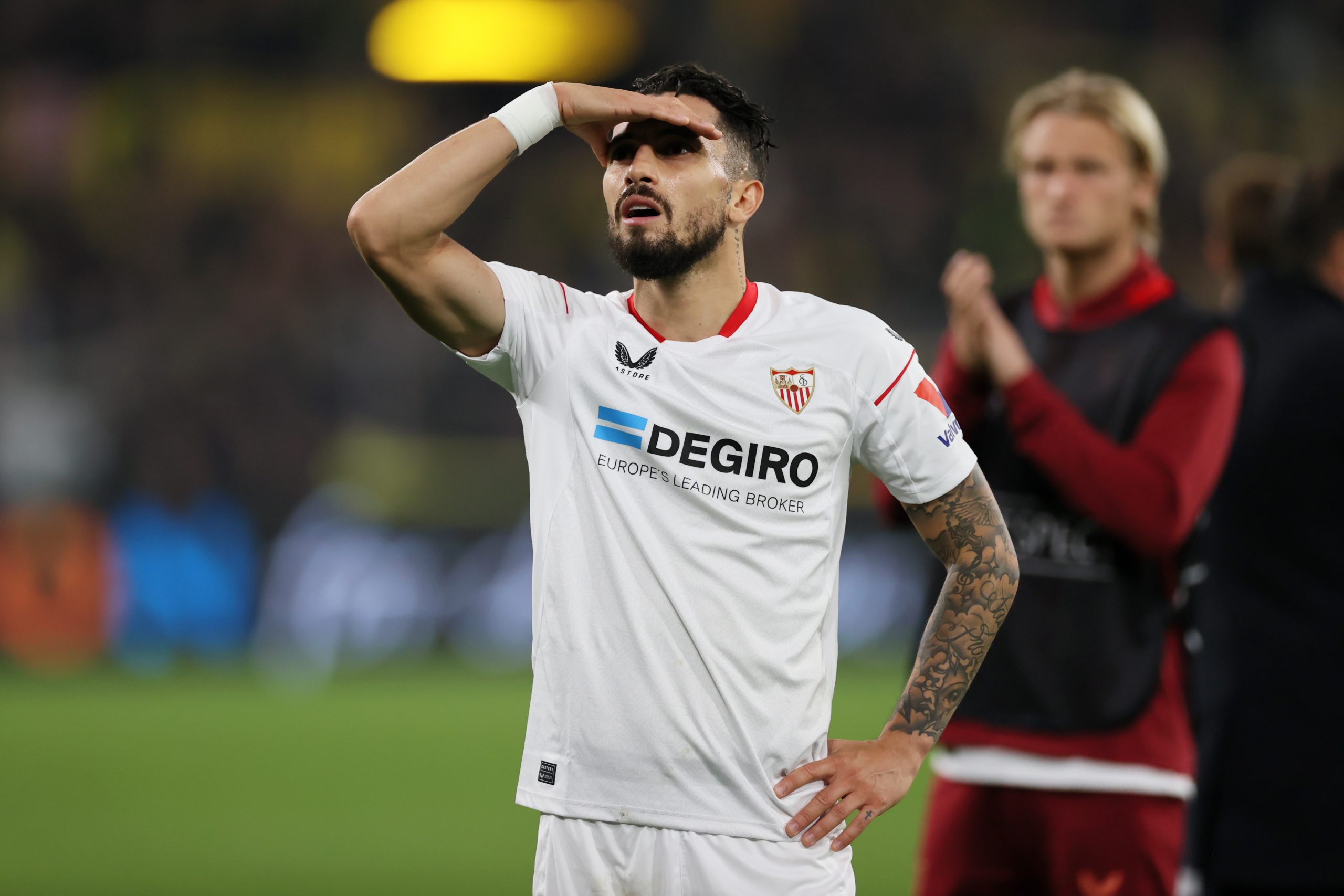 Alex Telles of Sevilla FC looks on after the final whistle of the UEFA Champions League group G match against Borussia Dortmund.