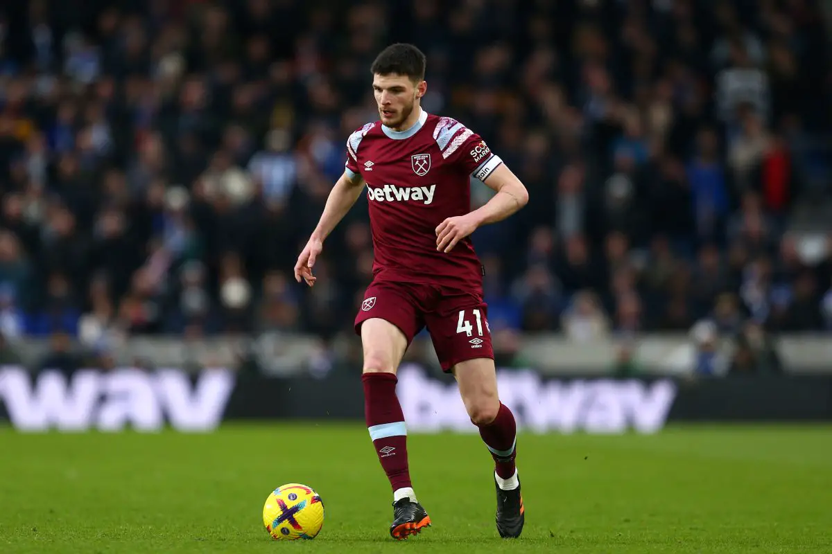 Man United target Declan Rice in action for West Ham. (Photo by Charlie Crowhurst/Getty Images)