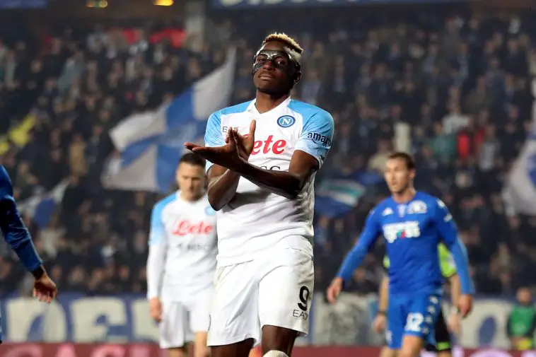 Victor James Osimhen of SSC Napoli reacts during the Serie A match between Empoli FC and SSC Napoli at Stadio Carlo Castellani on February 25, 2023 in Empoli, Italy.
