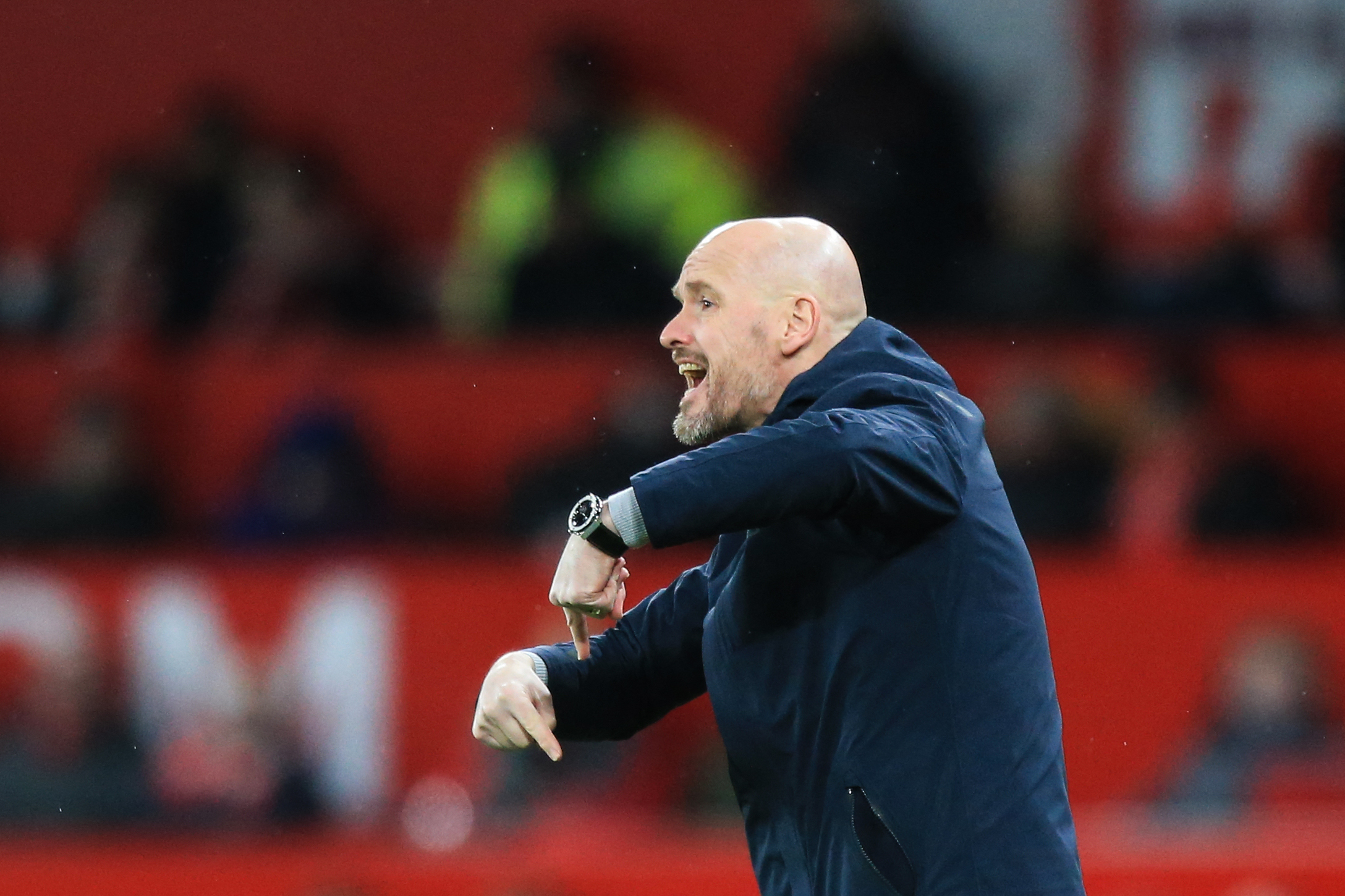 Manchester United's Dutch manager Erik ten Hag reacts during the English FA Cup fifth round football match between Manchester United and West Ham at Old Trafford in Manchester, north west England, on March 1, 2023.